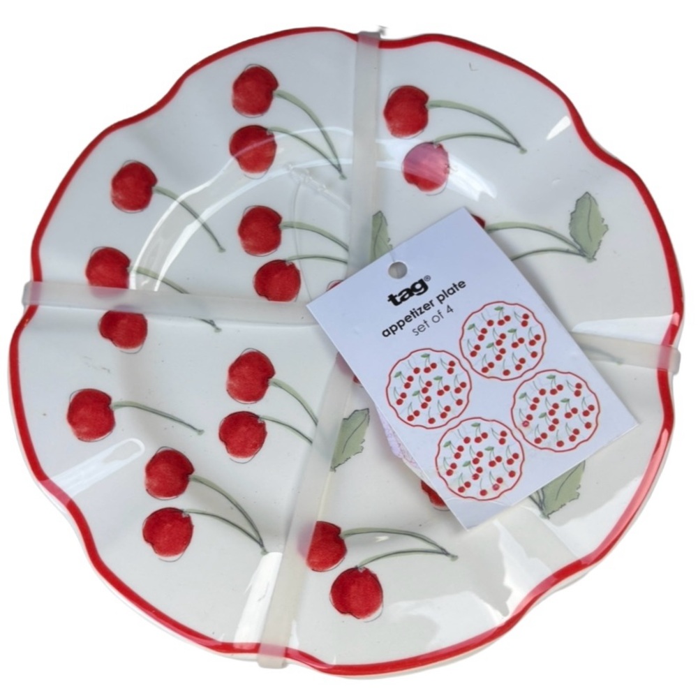TAG LTD NWT4pc 100% melamine wavy cherry appetizer plates -white/red